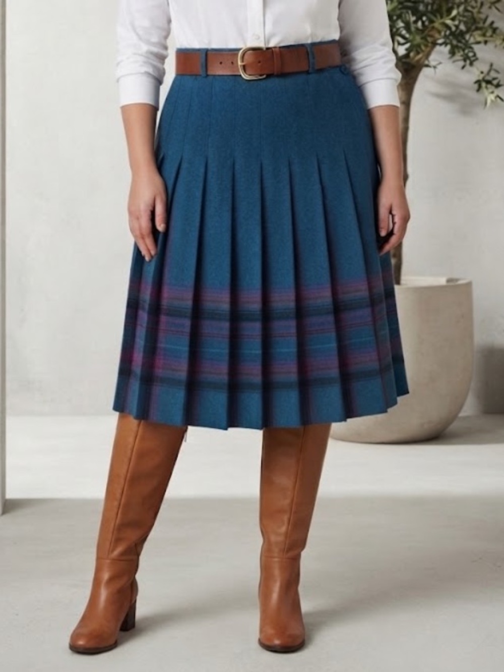 Pendleton Blue Pleated Skirt with Pink & Purple Tartan Trim 100% Virgin Wool 24W